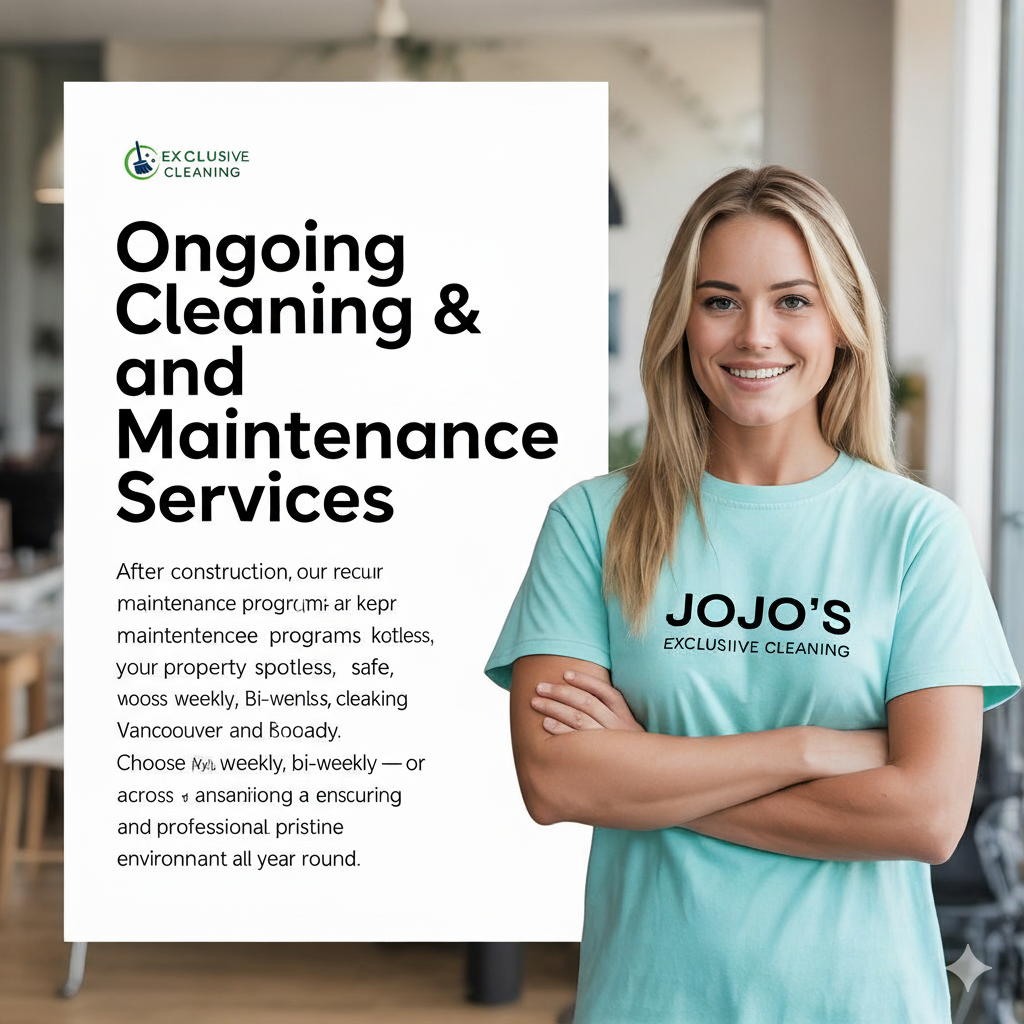 Ongoing Cleaning & Maintenance Services  After construction, our recurring cleaning and maintenance programs keep your property spotless, safe, and business-ready. Choose weekly, bi-weekly, or monthly cleaning across Vancouver and Montreal — ensuring a professional, pristine environment all year round.